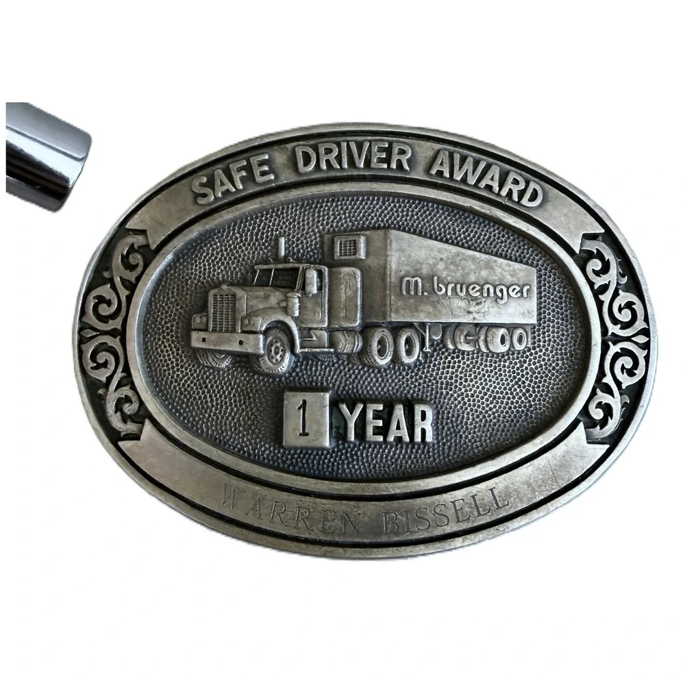 M. Bruenger Trucking 1981 Safe Driver Award Belt Buckle Solid Brass Vintage